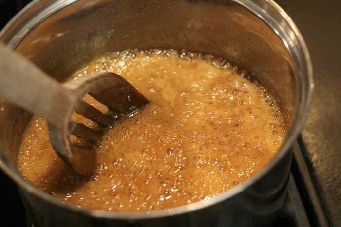 Making caramel sauce for the popcorn